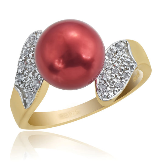 Pozlátený Strieborný Prsteň s Červená sladkovodná perlou a Bielym Topásom