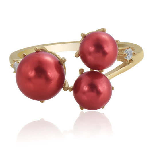 Pozlátený Strieborný Prsteň s Červená sladkovodná perlou a Bielym Topásom