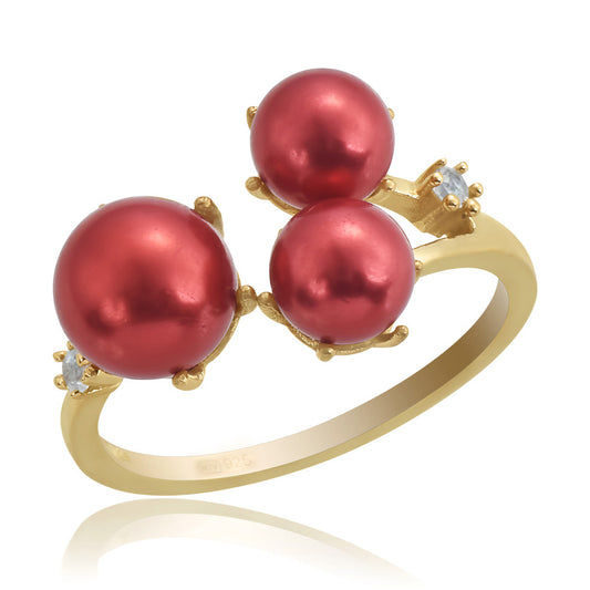 Pozlátený Strieborný Prsteň s Červená sladkovodná perlou a Bielym Topásom