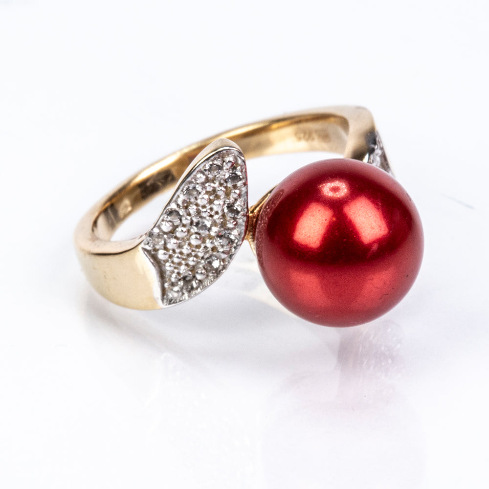 Pozlátený Strieborný Prsteň s Červená sladkovodná perlou a Bielym Topásom 3 