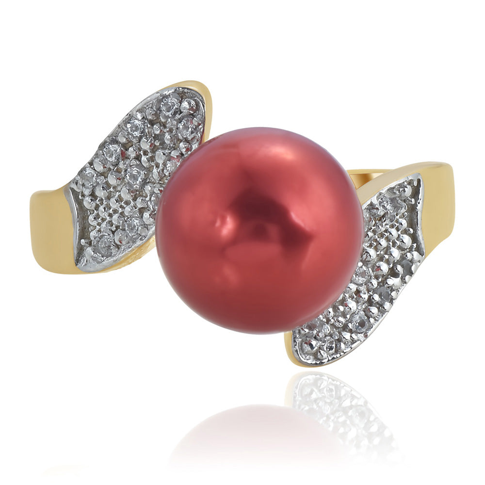 Pozlátený Strieborný Prsteň s Červená sladkovodná perlou a Bielym Topásom 1 