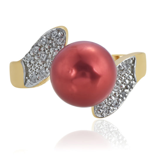 Pozlátený Strieborný Prsteň s Červená sladkovodná perlou a Bielym Topásom