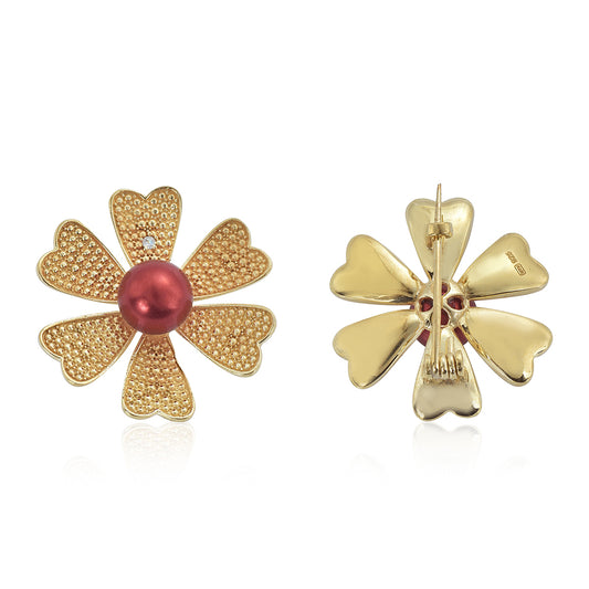 Pozlátený Strieborný Brošňa s Červená sladkovodná perlou a Bielym Topásom