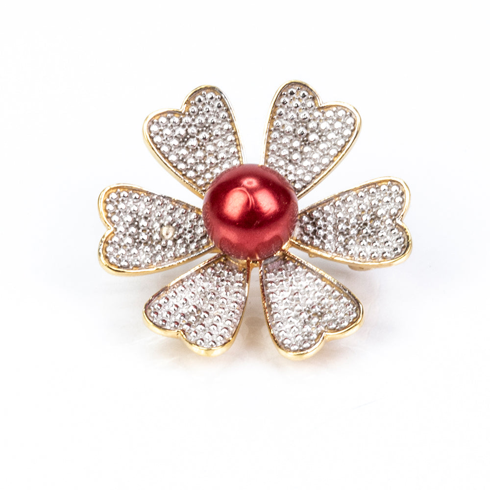 Pozlátený Strieborný Brošňa s Červená sladkovodná perlou a Bielym Topásom