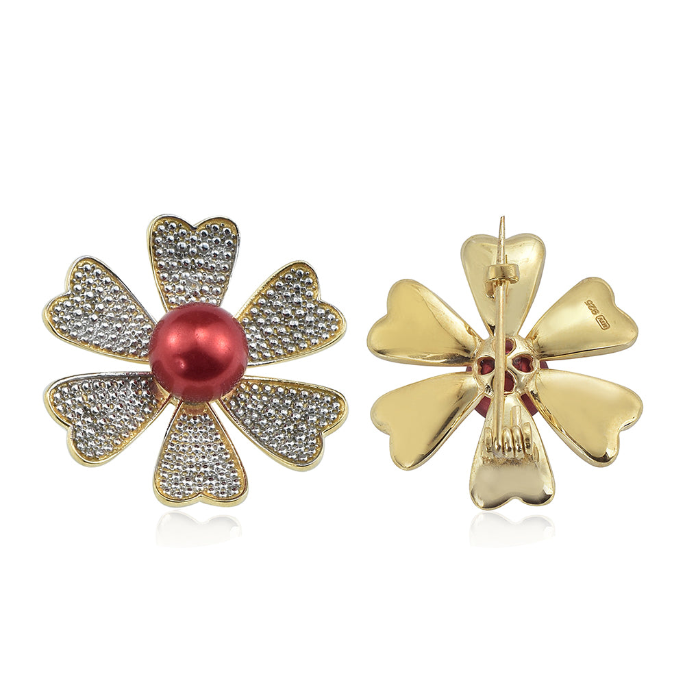 Pozlátený Strieborný Brošňa s Červená sladkovodná perlou a Bielym Topásom