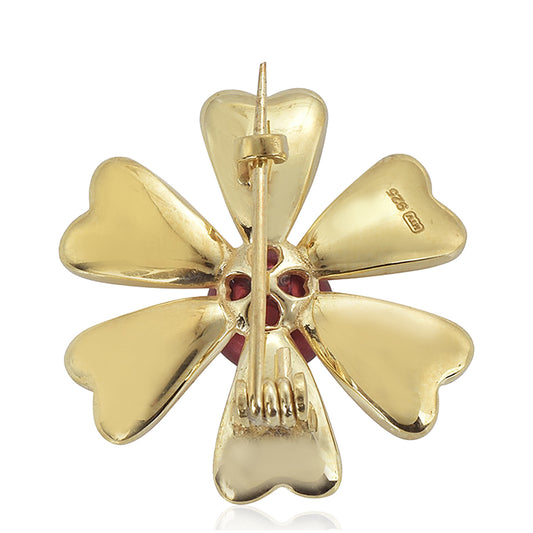 Pozlátený Strieborný Brošňa s Červená sladkovodná perlou a Bielym Topásom