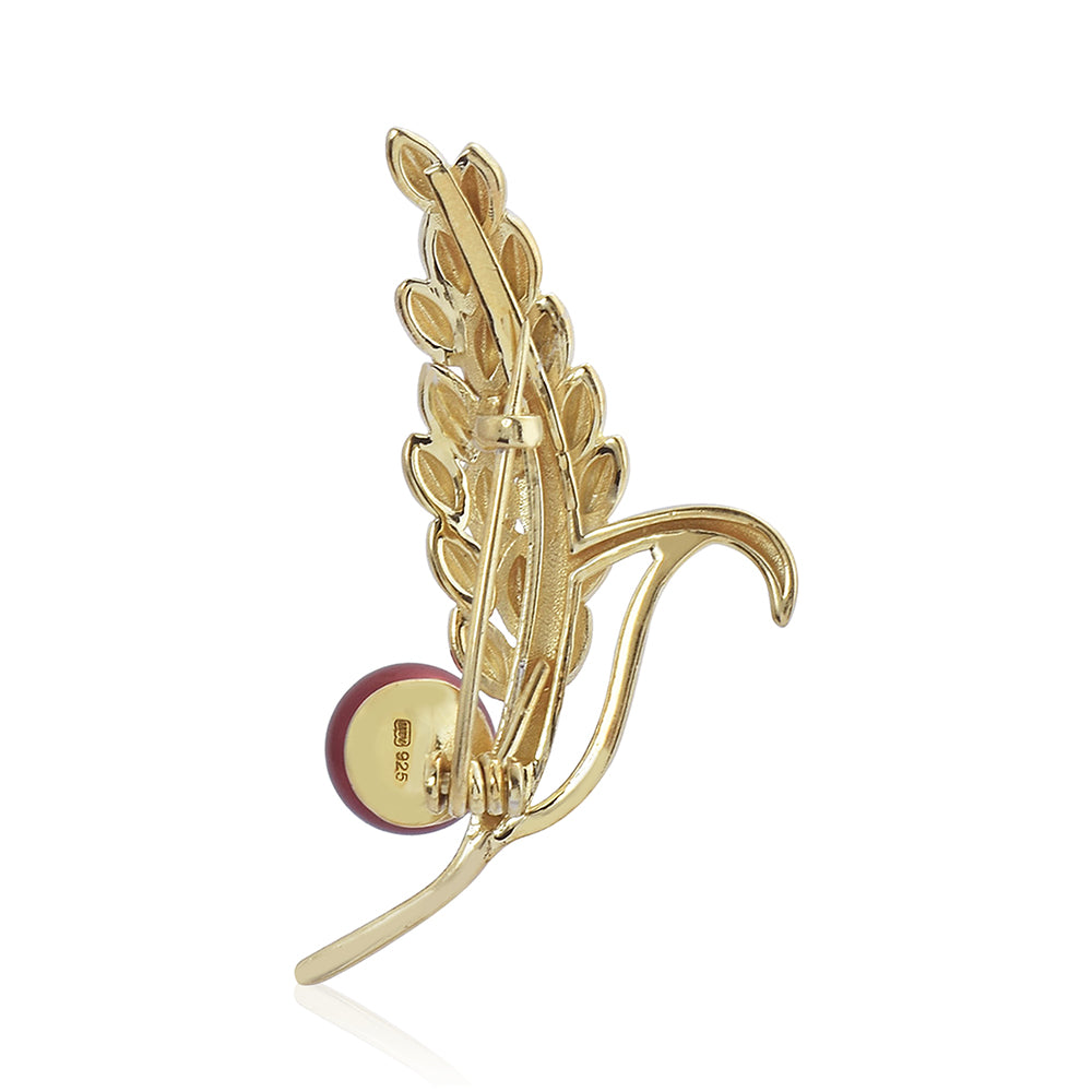 Pozlátený Strieborný Brošňa s Červená sladkovodná perlou 2 