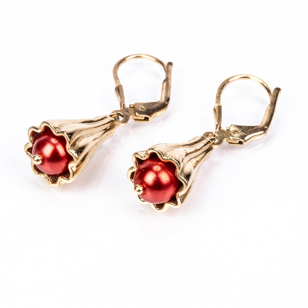 Pozlátené Strieborné Náušnice s Červená sladkovodná perlou 3 