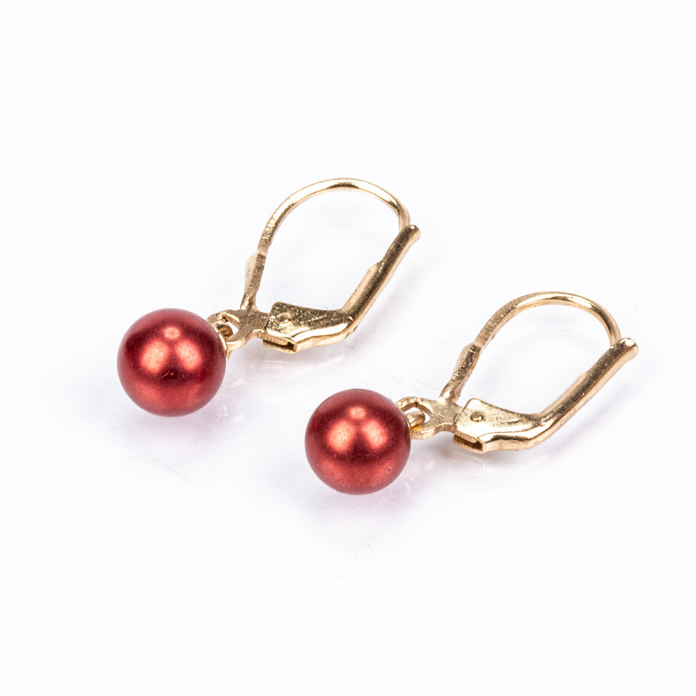 Pozlátené Strieborné Náušnice s Červená sladkovodná perlou 3 