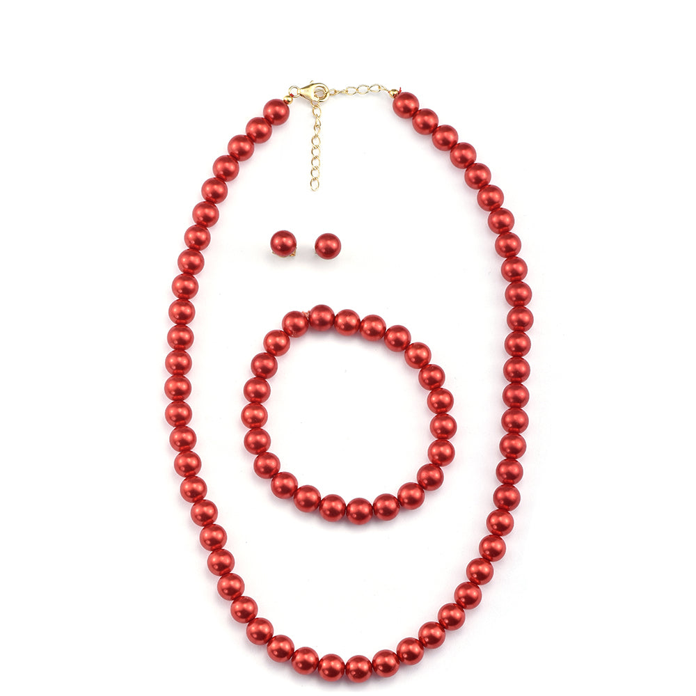 Pozlátené Strieborné Sada s Červená sladkovodná perlou ( Náhrdelník+Náušnice+Náramok ) 1 