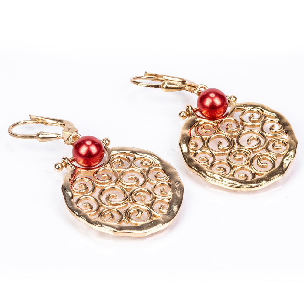 Pozlátené Strieborné Náušnice s Červená sladkovodná perlou 3 