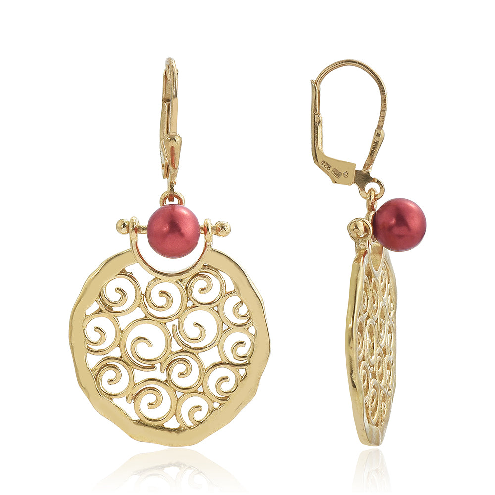 Pozlátené Strieborné Náušnice s Červená sladkovodná perlou 1 