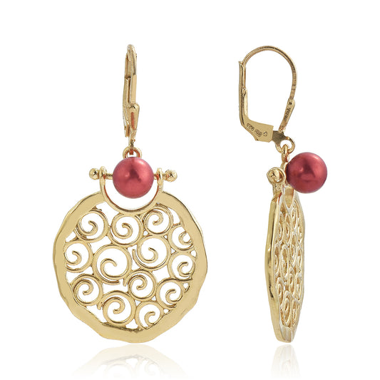 Pozlátené Strieborné Náušnice s Červená sladkovodná perlou