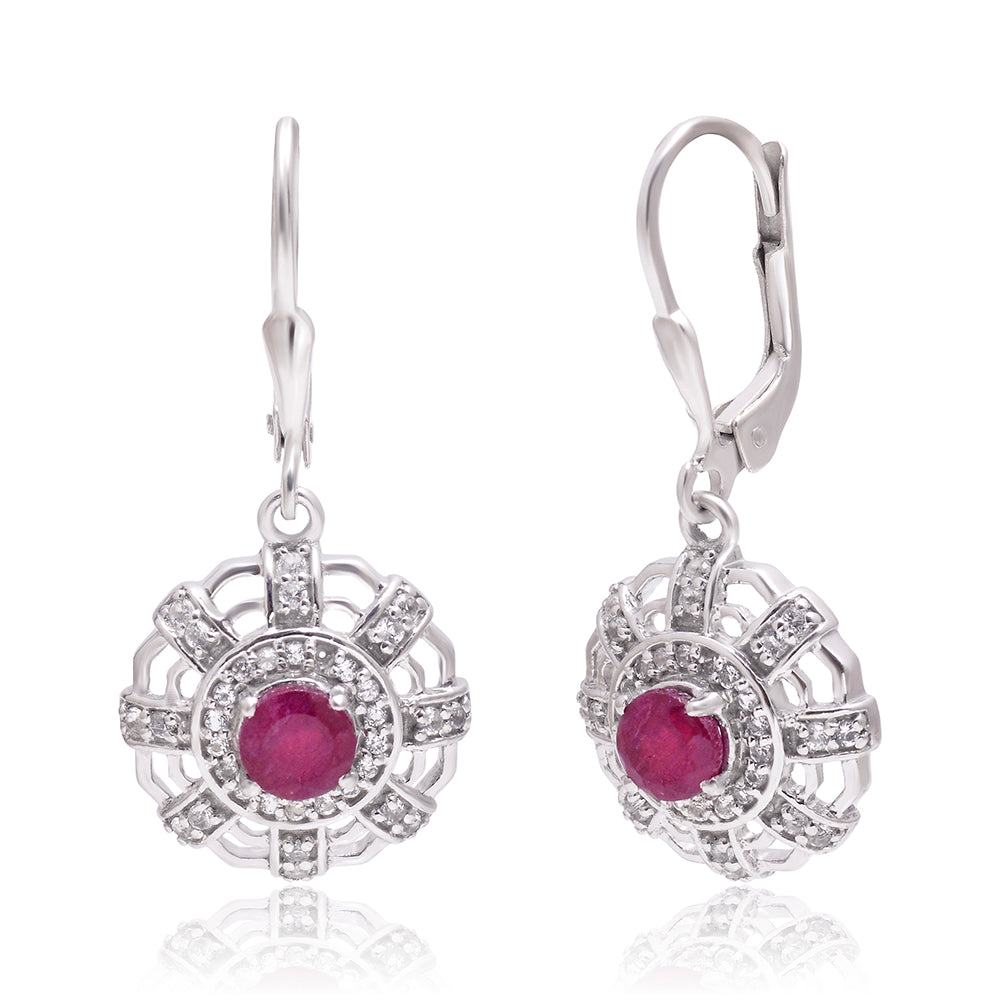Strieborné Náušnice s Madagaskarským Rubínom a Bielym Topásom