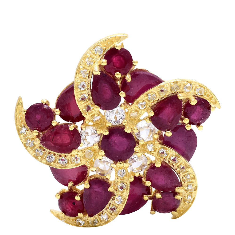 Pozlátený Strieborný Brošňa s Madagaskarským Rubínom a Bielym Topásom