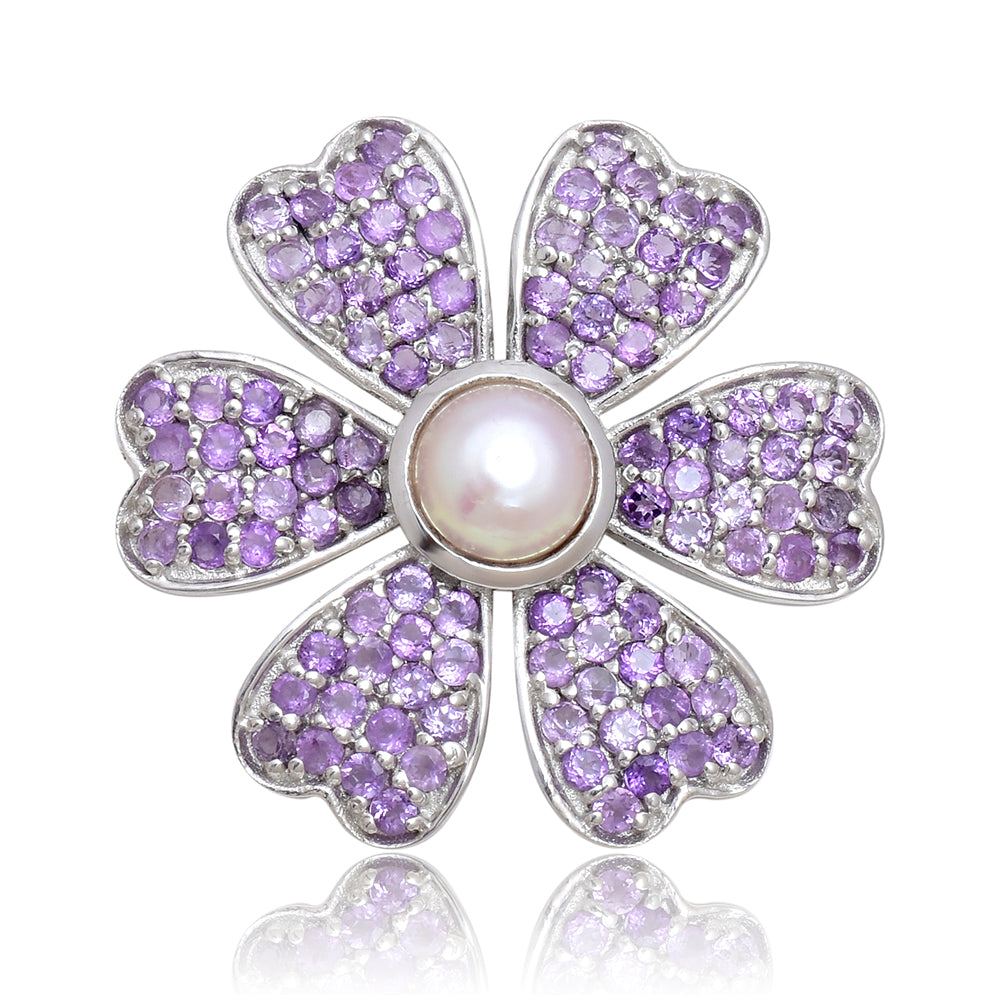 Strieborný Brošňa s Marockým Ametystom a Bielou Sladkovodnou Perlou