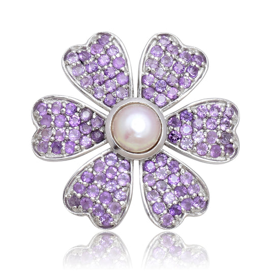 Strieborný Brošňa s Marockým Ametystom a Bielou Sladkovodnou Perlou
