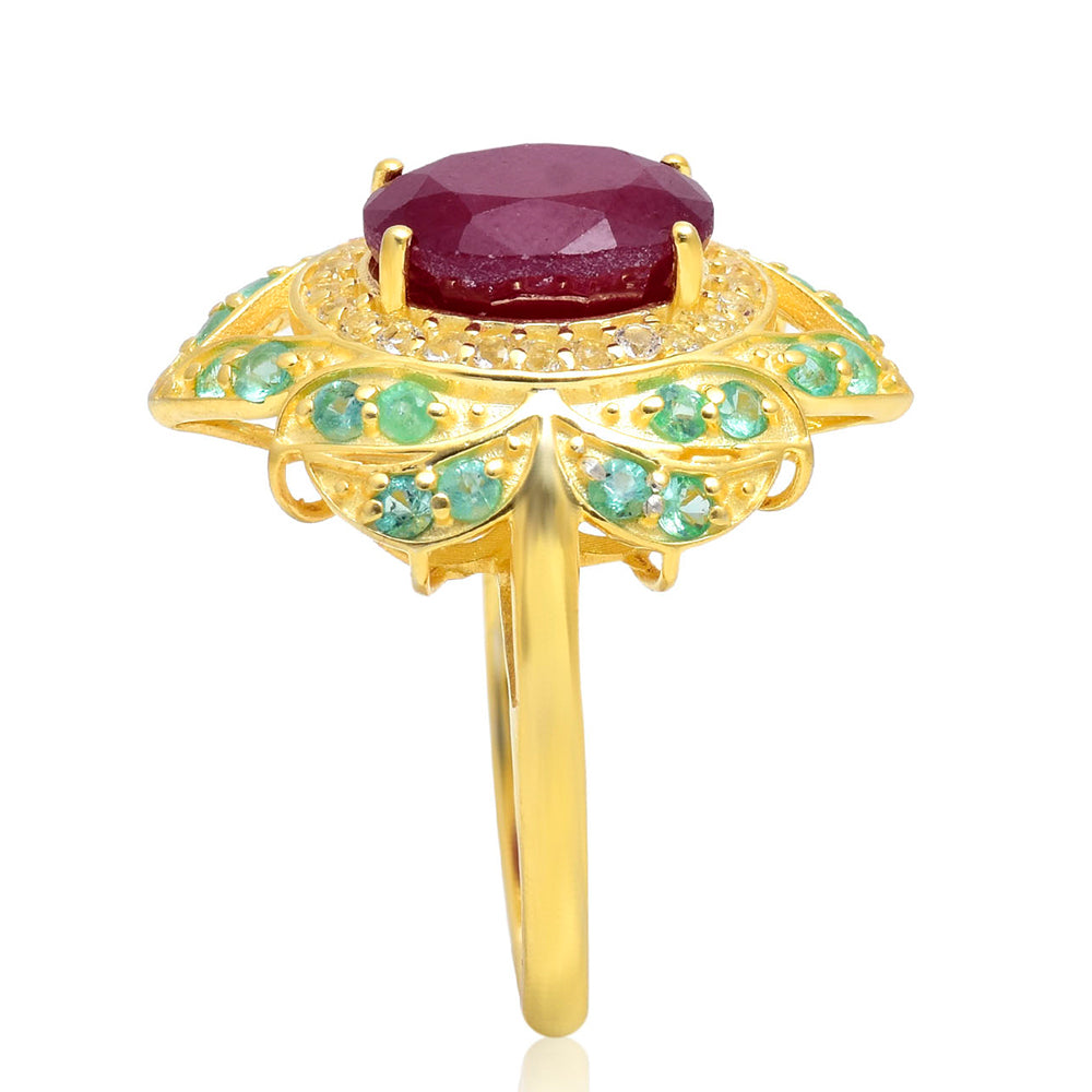 Pozlátený Strieborný Prsteň s Madagaskarským Rubínom a Brazílskym Smaragdom