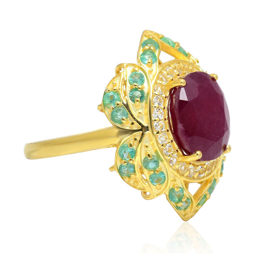 Pozlátený Strieborný Prsteň s Madagaskarským Rubínom a Brazílskym Smaragdom 5 