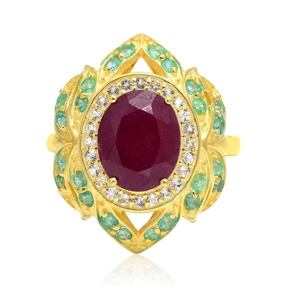 Pozlátený Strieborný Prsteň s Madagaskarským Rubínom a Brazílskym Smaragdom 1 