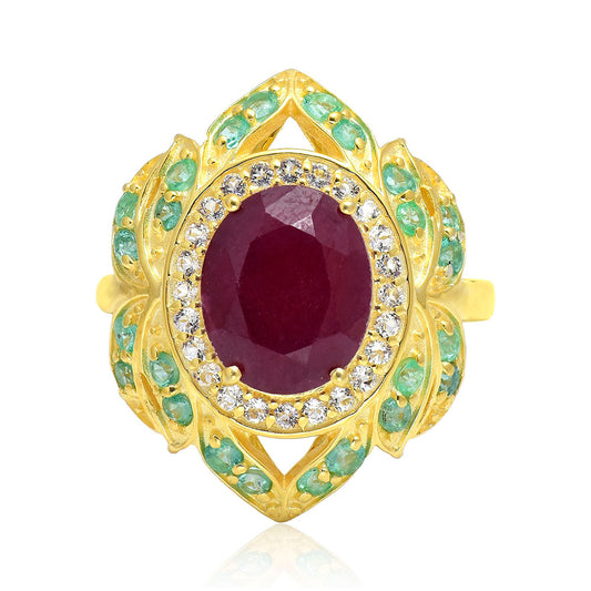 Pozlátený Strieborný Prsteň s Madagaskarským Rubínom a Brazílskym Smaragdom