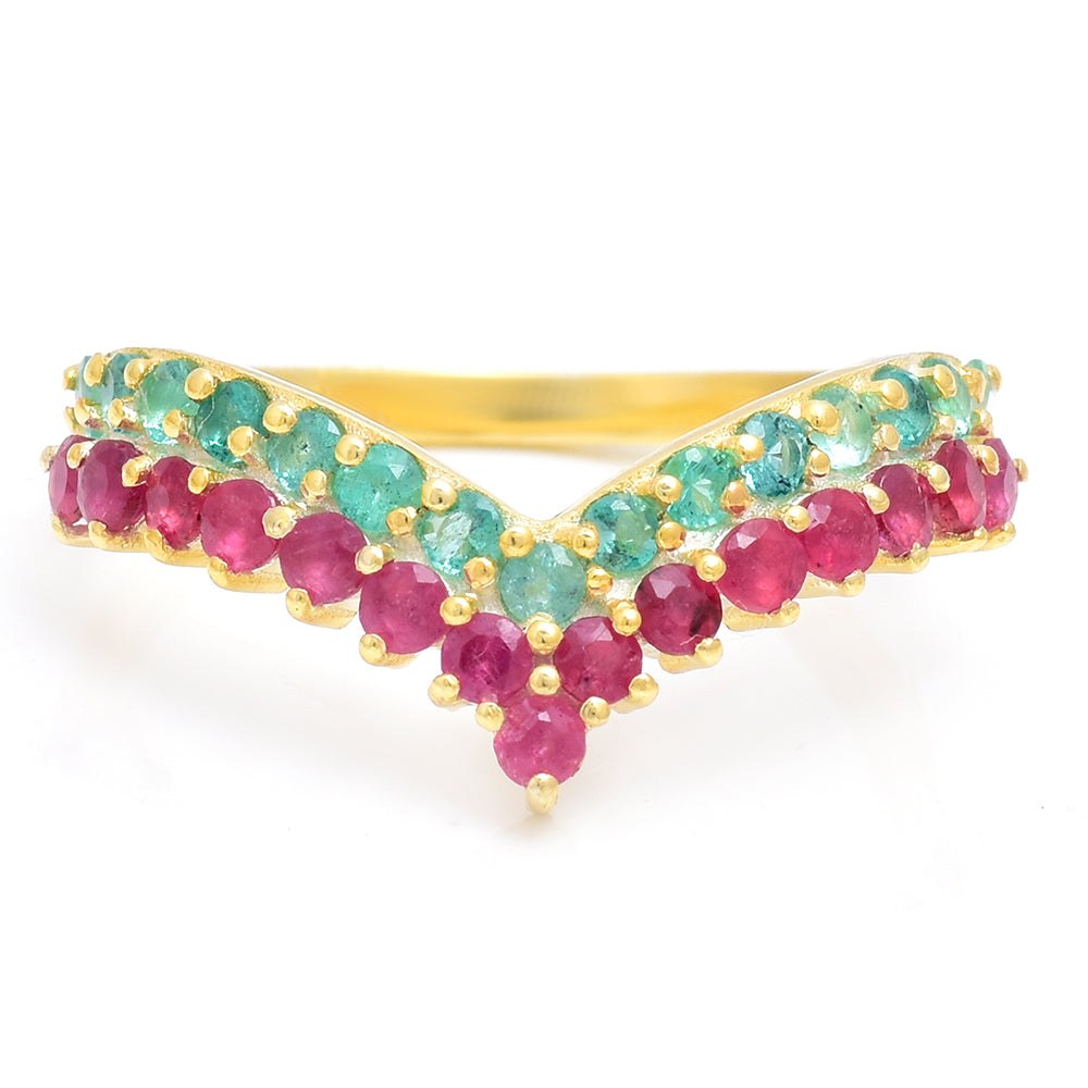 Pozlátený Strieborný Prsteň s Madagaskarským Rubínom a Brazílskym Smaragdom 1 