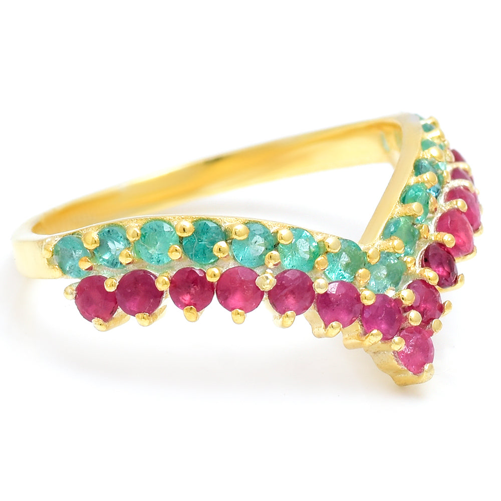 Pozlátený Strieborný Prsteň s Madagaskarským Rubínom a Brazílskym Smaragdom