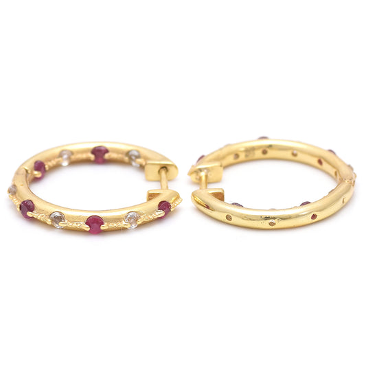 Pozlátené Strieborné Náušnice s Madagaskarským Rubínom a Bielym Topásom