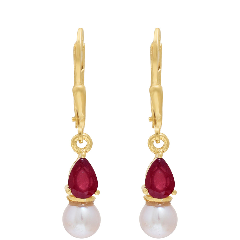 Pozlátené Strieborné Náušnice s Madagaskarským Rubínom a Bielou Sladkovodnou Perlou