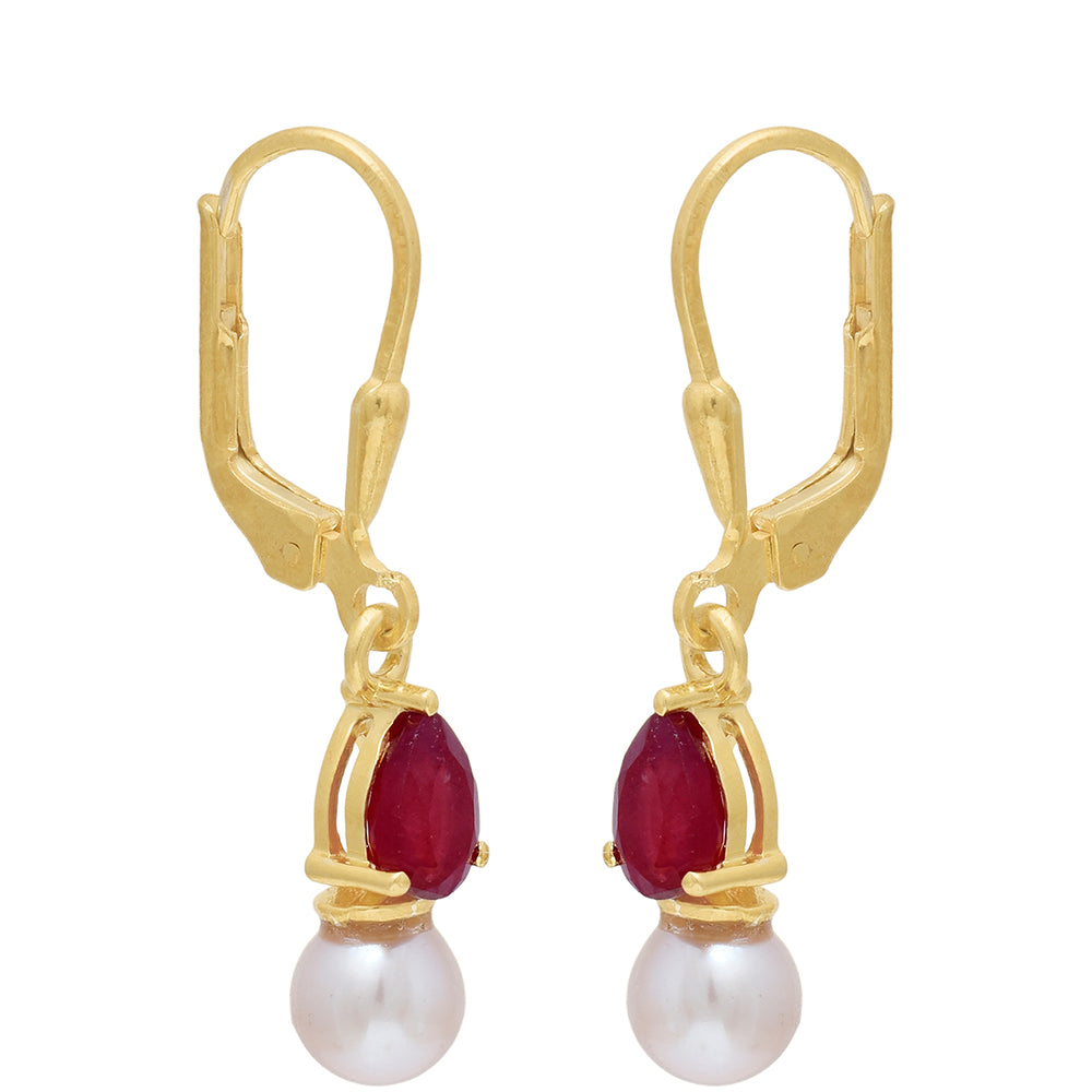 Pozlátené Strieborné Náušnice s Madagaskarským Rubínom a Bielou Sladkovodnou Perlou 3 