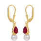 Pozlátené Strieborné Náušnice s Madagaskarským Rubínom a Bielou Sladkovodnou Perlou