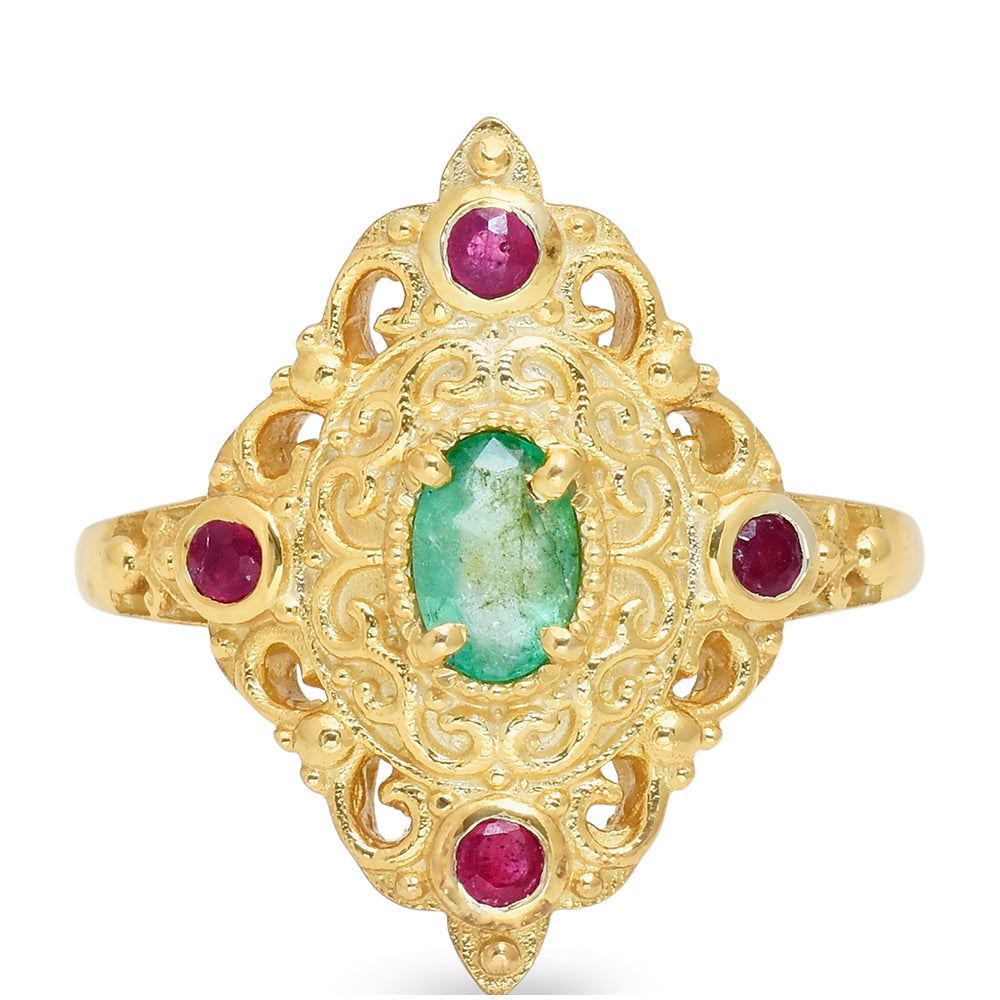 Pozlátený Strieborný Prsteň s Madagaskarským Rubínom a Brazílskym Smaragdom