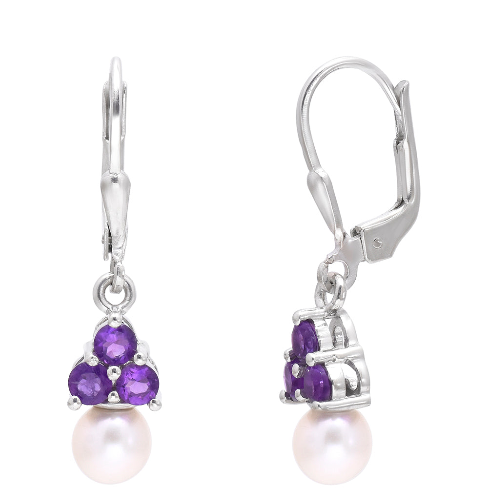 Strieborné Náušnice s Marockým Ametystom a Bielou Sladkovodnou Perlou