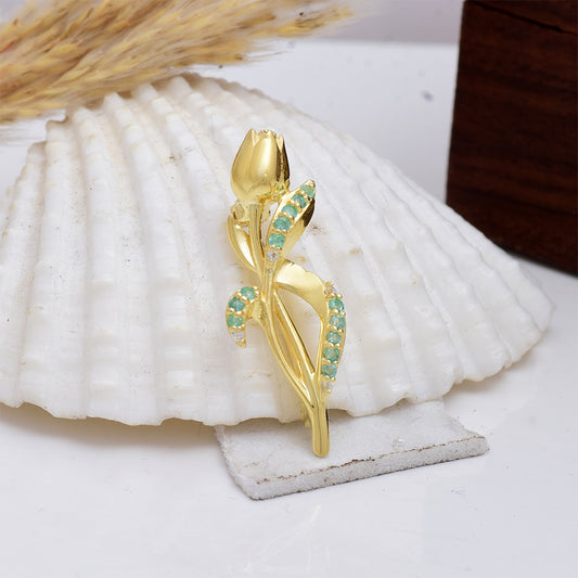 Pozlátený Strieborný Brošňa s Brazílskym Smaragdom a Bielym Topásom