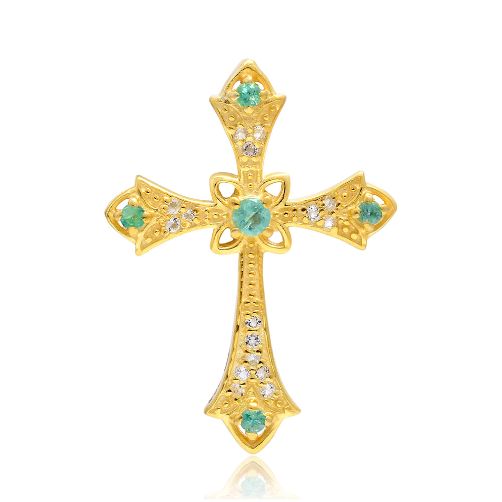 Kríž Pozlátený Strieborný Prívesok s Brazílskym Smaragdom a Bielym Topásom 1 