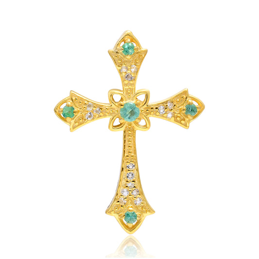 Kríž Pozlátený Strieborný Prívesok s Brazílskym Smaragdom a Bielym Topásom