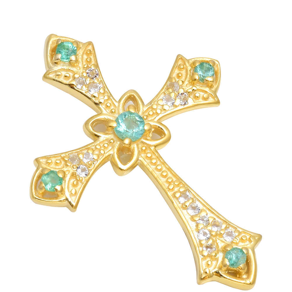 Kríž Pozlátený Strieborný Prívesok s Brazílskym Smaragdom a Bielym Topásom