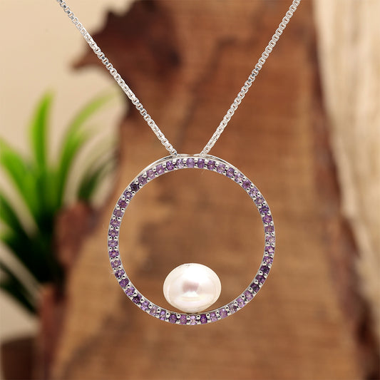 Strieborný Prívesok s Brazílskym Ametystom a Bielou Sladkovodnou Perlou