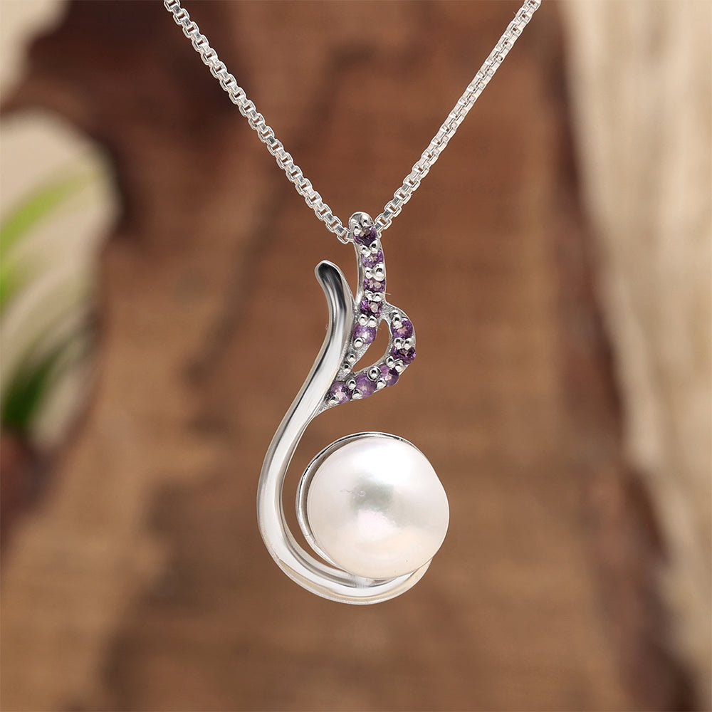 Strieborný Prívesok s Brazílskym Ametystom a Bielou Sladkovodnou Perlou