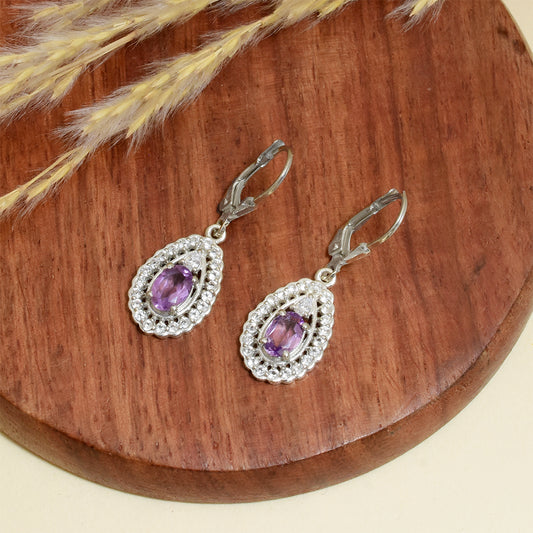 Strieborné Náušnice s Brazílskym Ametystom a Bielym Topásom