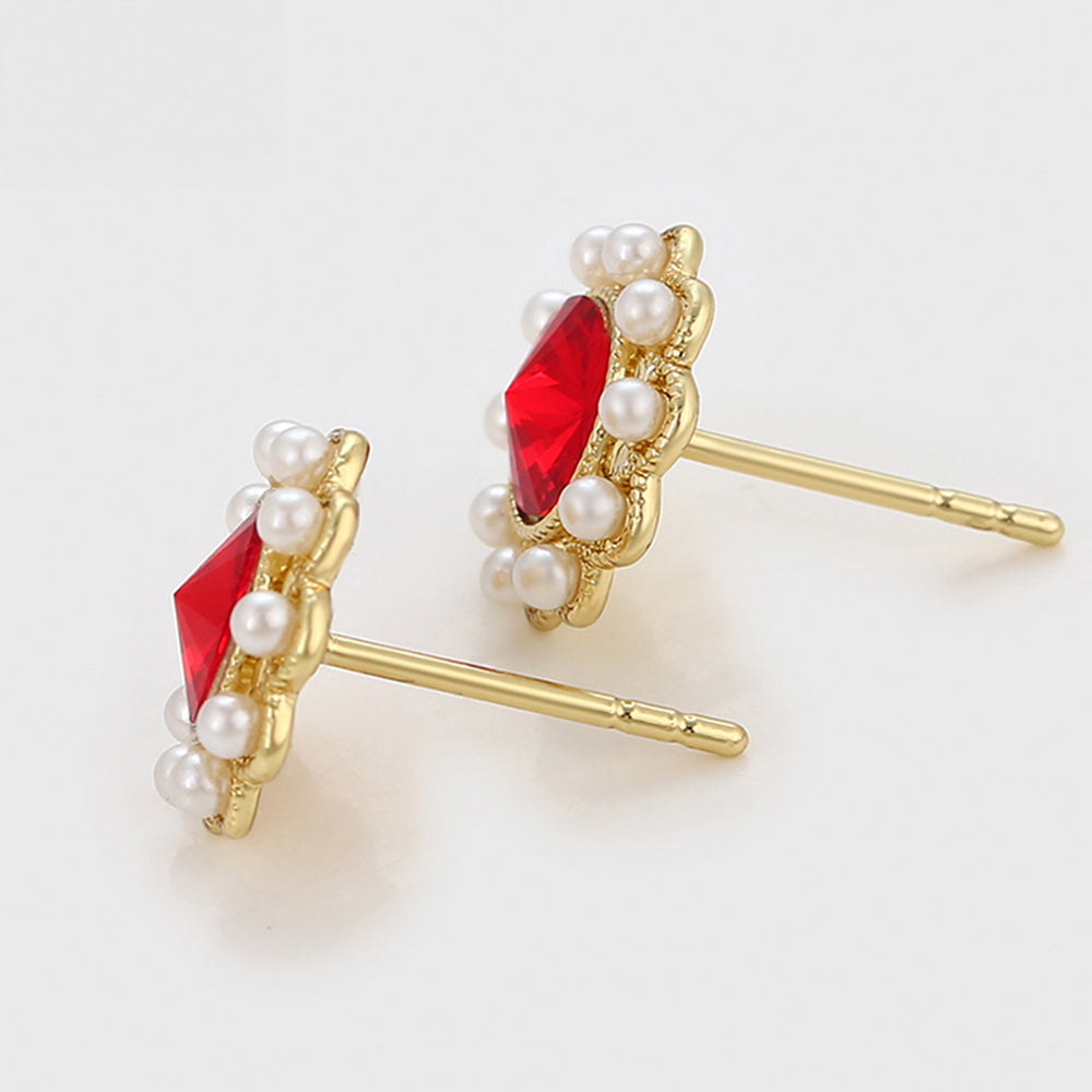 Pozlátené Zliatinové Náušnice s Sklenená perla a Červeným Emporia® Krištáľom 3 