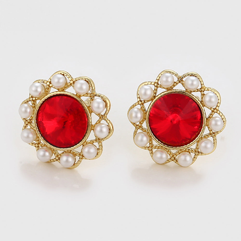 Pozlátené Zliatinové Náušnice s Sklenená perla a Červeným Emporia® Krištáľom