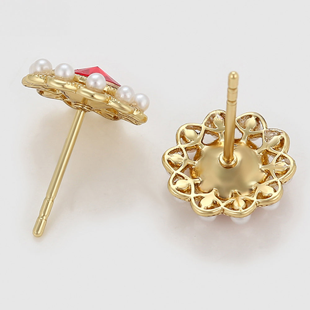 Pozlátené Zliatinové Náušnice s Sklenená perla a Červeným Emporia® Krištáľom