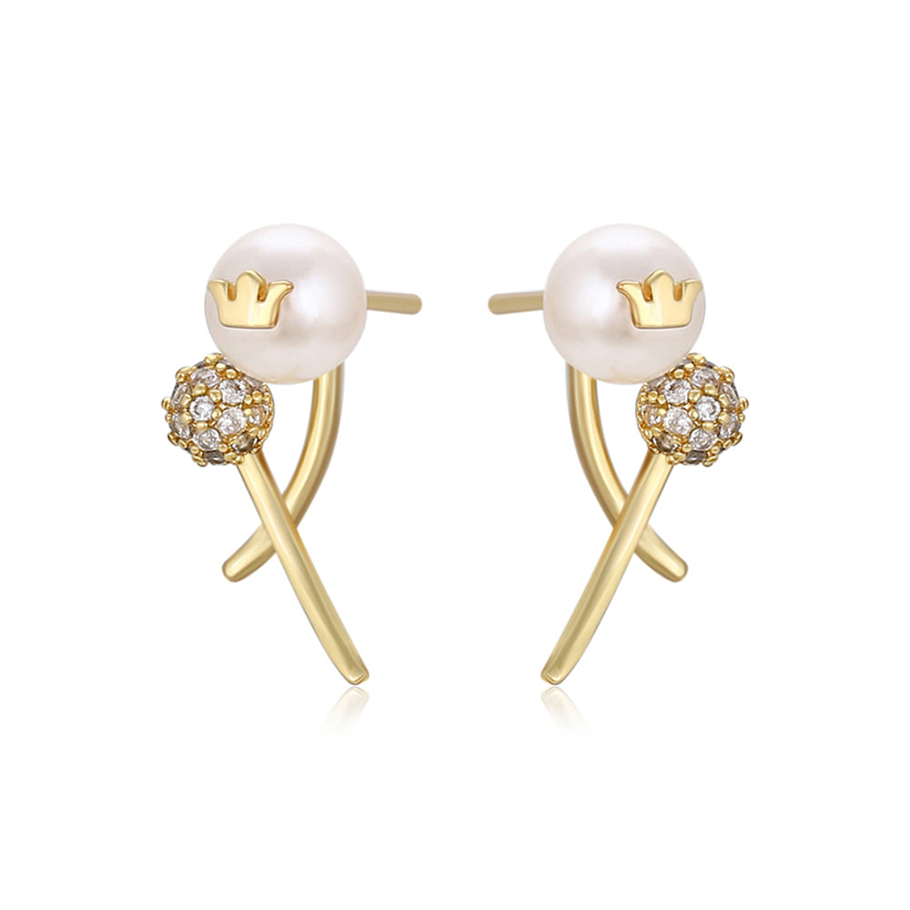 Pozlátené Zliatinové Náušnice s Sklenená perla a Bielym Emporia® Krištáľom 1 