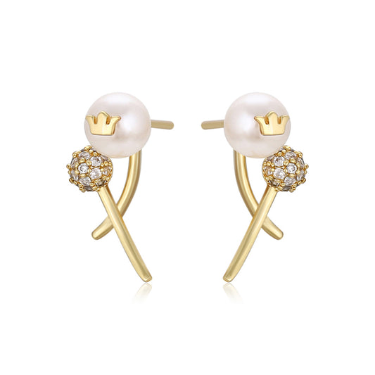 Pozlátené Zliatinové Náušnice s Sklenená perla a Bielym Emporia® Krištáľom