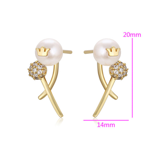 Pozlátené Zliatinové Náušnice s Sklenená perla a Bielym Emporia® Krištáľom