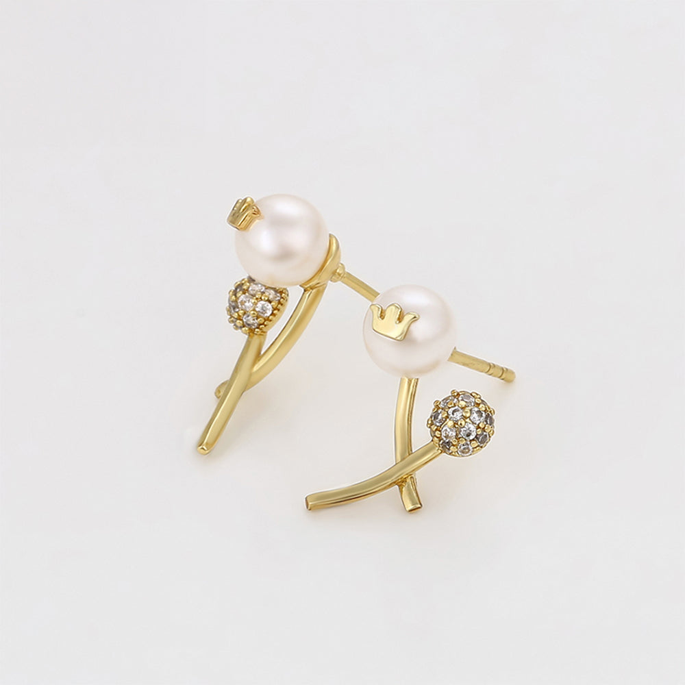 Pozlátené Zliatinové Náušnice s Sklenená perla a Bielym Emporia® Krištáľom 3 