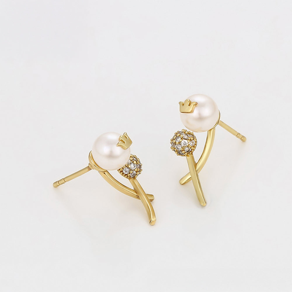 Pozlátené Zliatinové Náušnice s Sklenená perla a Bielym Emporia® Krištáľom