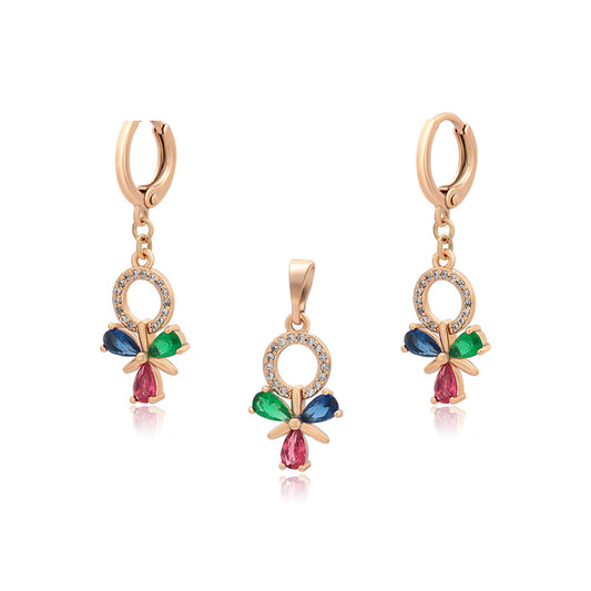 Pozlátené Zliatinové Sada s Červeným Emporia® Krištáľom a so Zeleným Emporia® Krištáľom ( Náušnice+Prívesok )