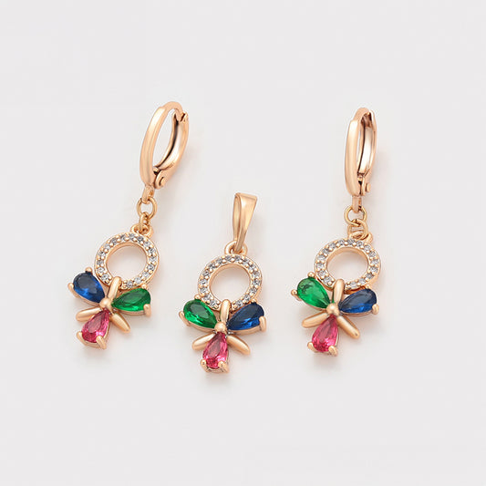 Pozlátené Zliatinové Sada s Červeným Emporia® Krištáľom a so Zeleným Emporia® Krištáľom ( Náušnice+Prívesok )